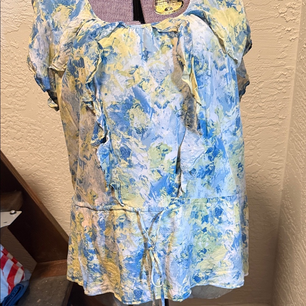 Light Blue and Yellow Printed Peplum Tie-Waist Tunic